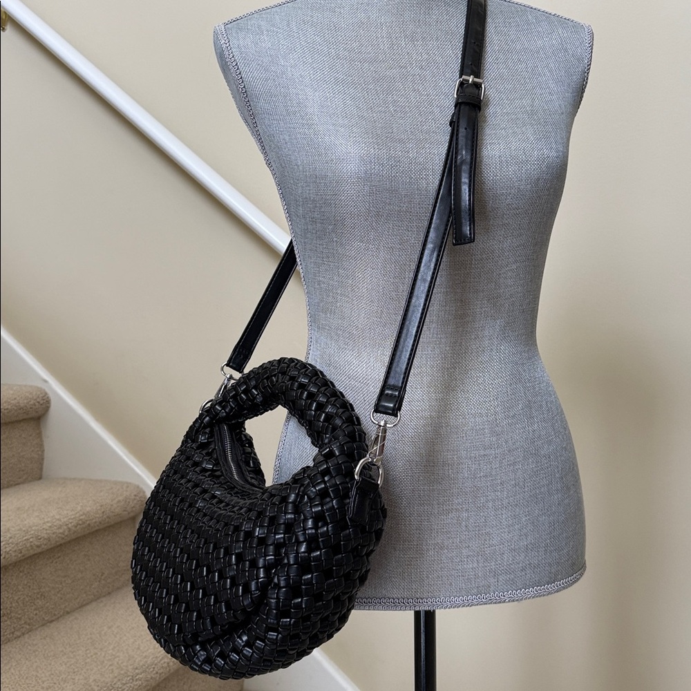 New. Sincerely Jules Elegant Black faux leather Woven Crossbody or handle Bag. - Picture 14 of 16